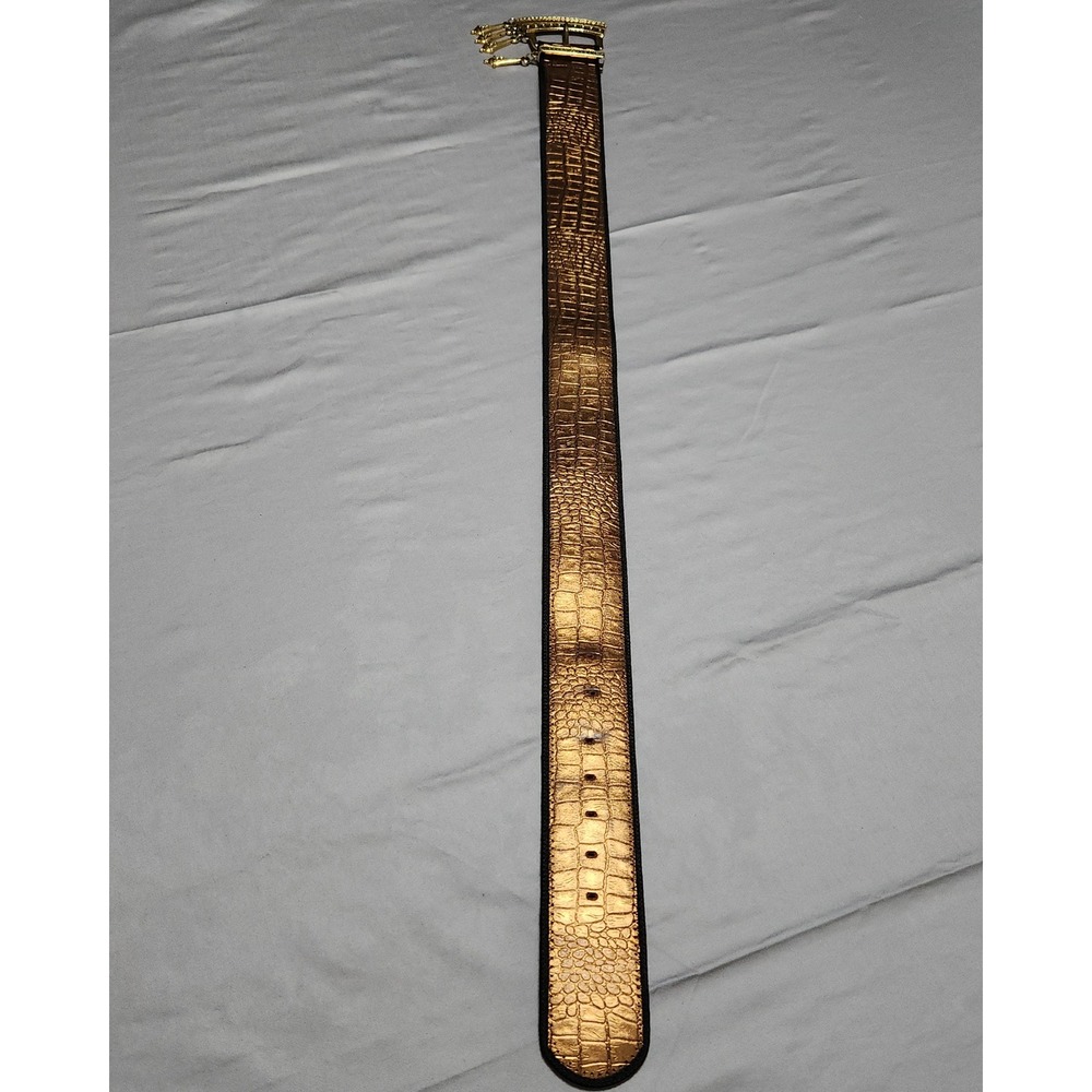 Vintage Bronze Croc Embossed Leather Belt Gold Ornate Charm Buckle ML 700
